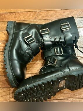 DEMONIA RIOT-12BK Men's Black Leather Punk Combat Steel Toe Calf High Boots 10